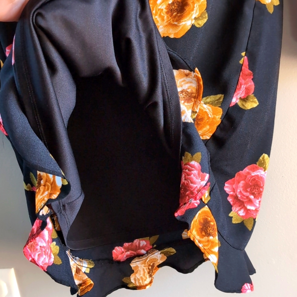 Nicole Miller Studio Women's Black Red Orange Floral Ruffle Long Sleeve Dress - Picture 9 of 16